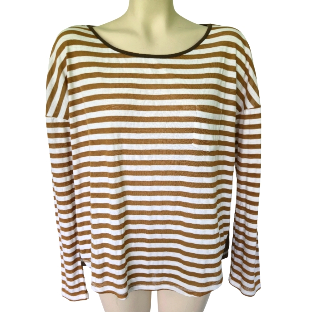 HEM&THREAD‎ Cotton Stretch Striped Long Sleeve Tee With Contrast Cream Tan Large